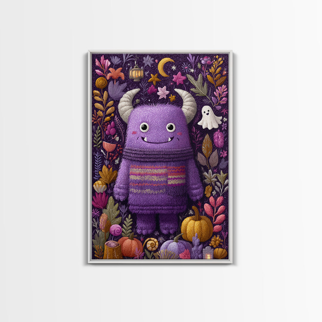 The Fuzzy Purple Monster, Folk Halloween Art, Vertical Wall Art, Canvas Print, Cute Halloween Wall Art