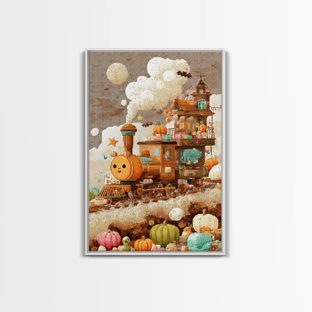 The Chocolate Pumpkin Train, Pixel Halloween Art, Vertical Wall Art, Canvas Print, Cute Halloween Wall Art