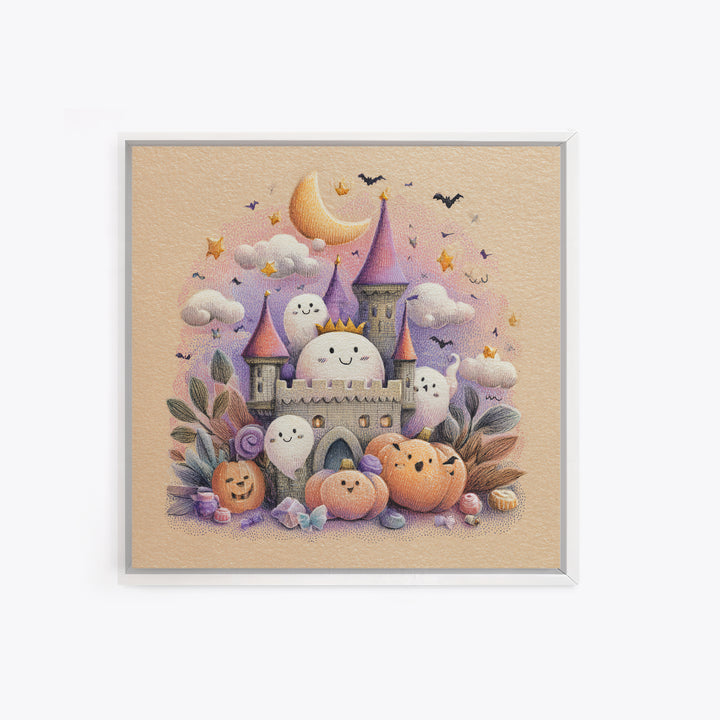 The Halloween Cloud Castle, Hand Sketch Halloween Art, Square Wall Art, Canvas Print, Cute Halloween Wall Art