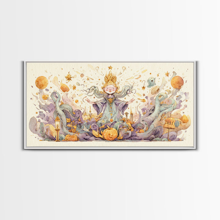The Crown Of The Tentacled Saint, Watercolor Halloween Art, Wide Panoramic Art, Framed Canvas Print, Cute Halloween Wall Art