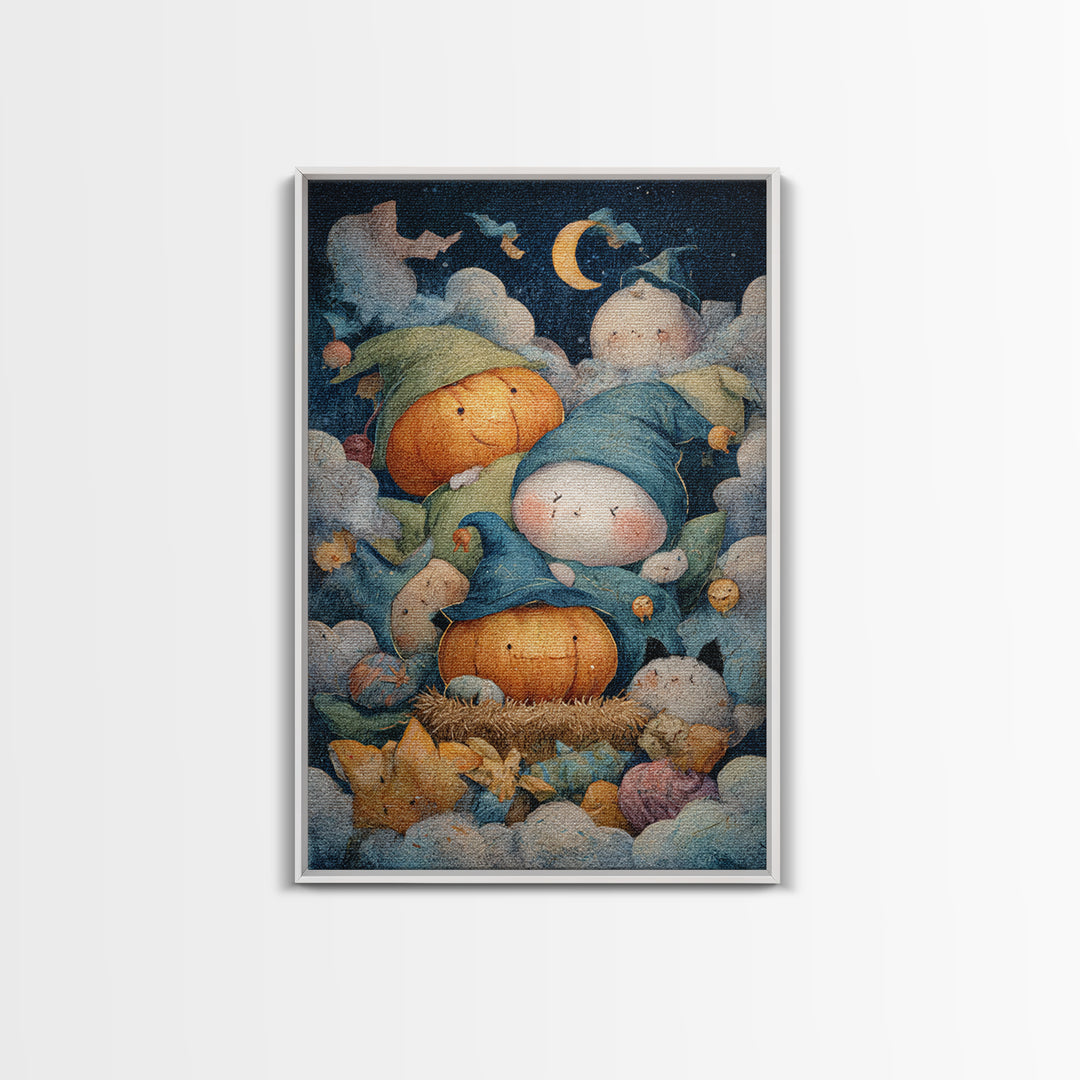 The Pumpkin Pajama Party, Pastel Halloween Art, Vertical Wall Art, Canvas Print, Cute Halloween Wall Art