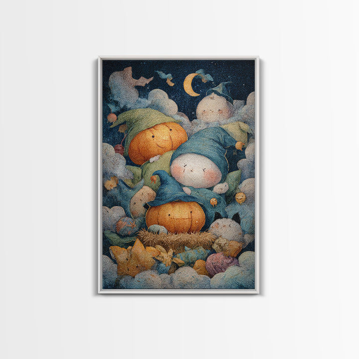 The Pumpkin Pajama Party, Pastel Halloween Art, Vertical Wall Art, Canvas Print, Cute Halloween Wall Art
