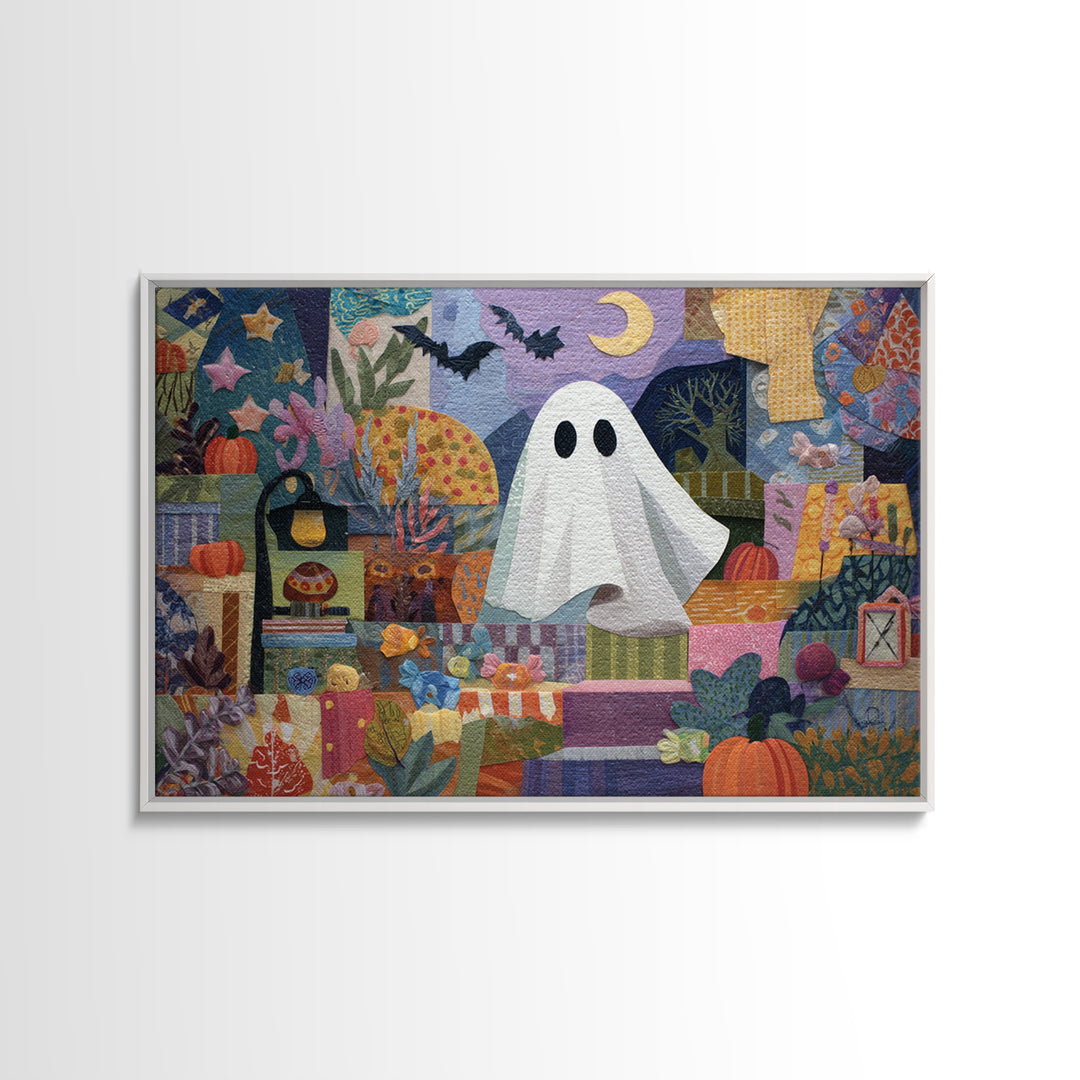 The Sleepy Blanket Ghost, Paper Collage Halloween, Landscape Wall Art, Framed Canvas Print, Cute Halloween Wall Art