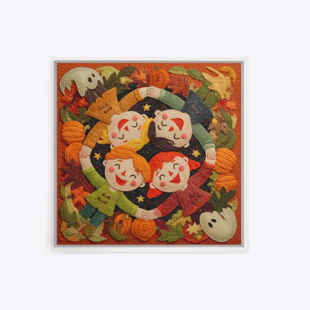 The Dancing Autumn Leaves, Felt Halloween Art, Square Wall Art, Canvas Print, Cute Halloween Wall Art