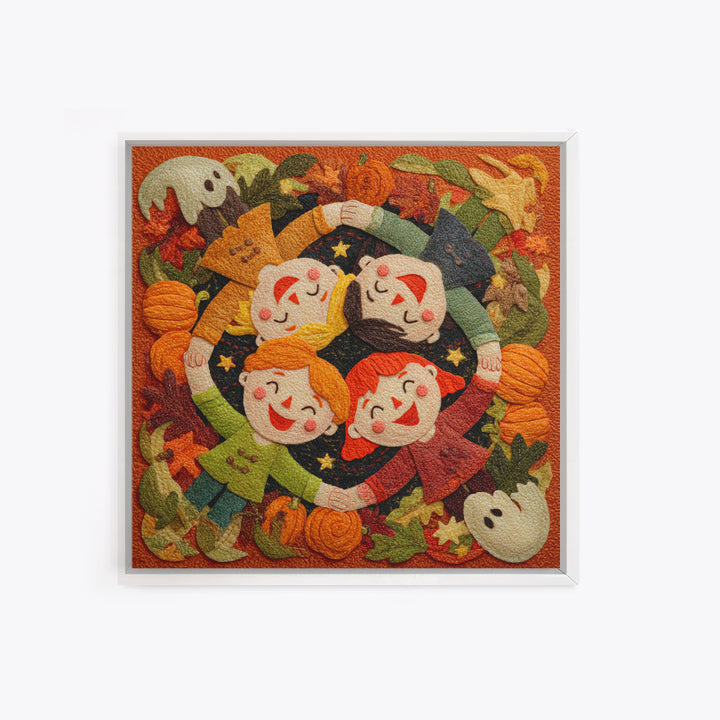 The Dancing Autumn Leaves, Felt Halloween Art, Square Wall Art, Canvas Print, Cute Halloween Wall Art