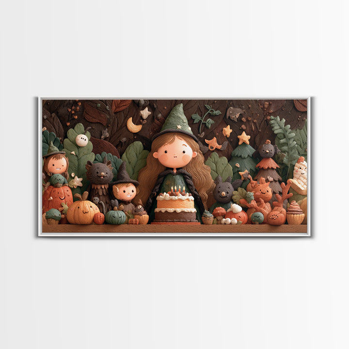 October'S Birthday Party, Clay Halloween Art, Wide Panoramic Art, Framed Canvas Print, Cute Halloween Wall Art