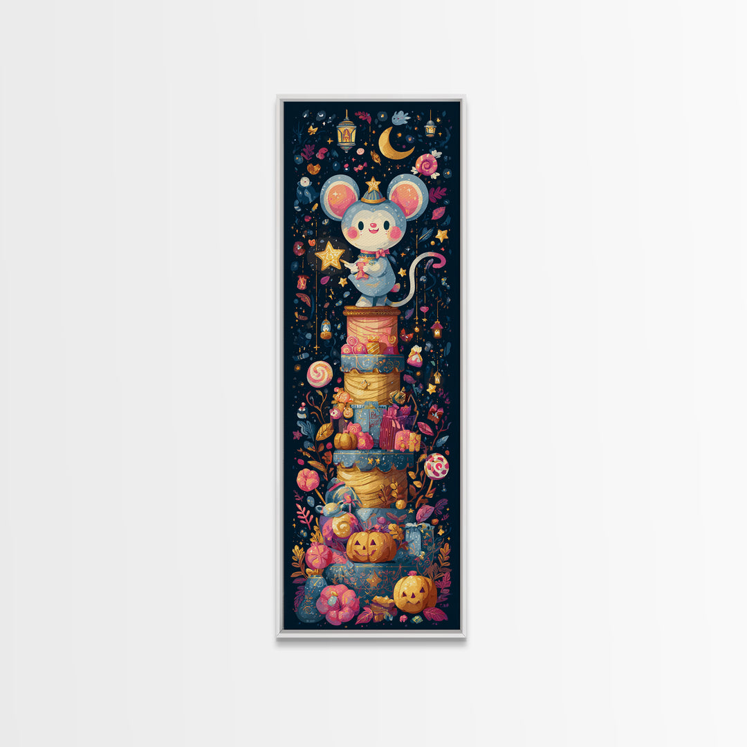 The Magician Mouse, Kawaii Halloween Art, Tall Narrow Wall Art, Framed Canvas Print, Cute Halloween Wall Art