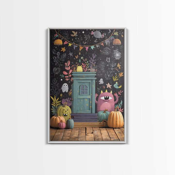 The Little Monster School, Retro Halloween Art, Vertical Wall Art, Canvas Print, Cute Halloween Wall Art