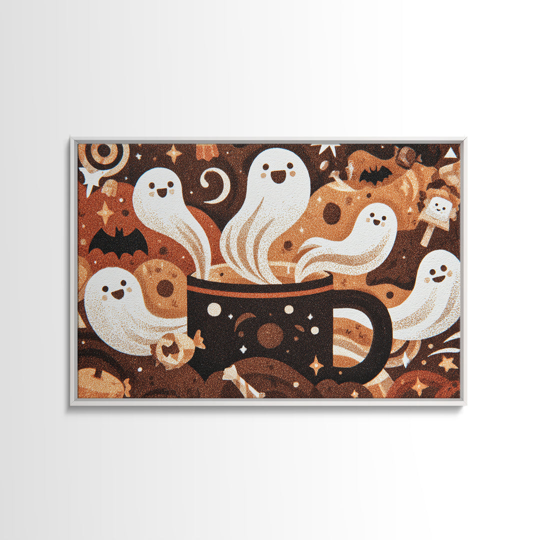 The Marshmallow Ghost Choir, Screenprint Halloween Art, Landscape Wall Art, Framed Canvas Print, Cute Halloween Wall Art