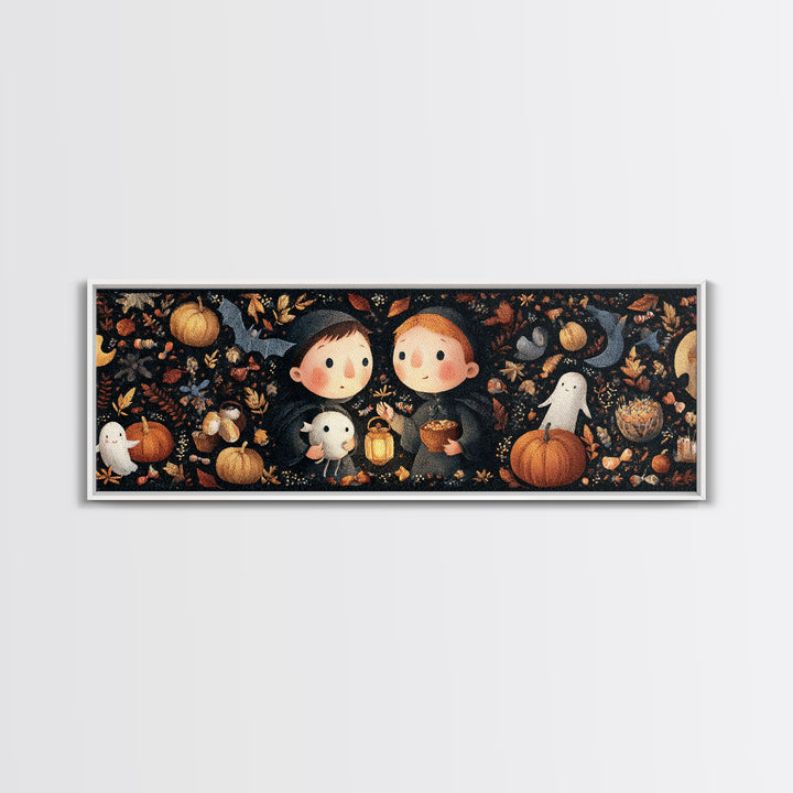 The Child Who Caught A Moon-Spawn, Embroidered Halloween Art, Extra Wide Wall Art, Canvas Print, Cute Halloween Wall Art