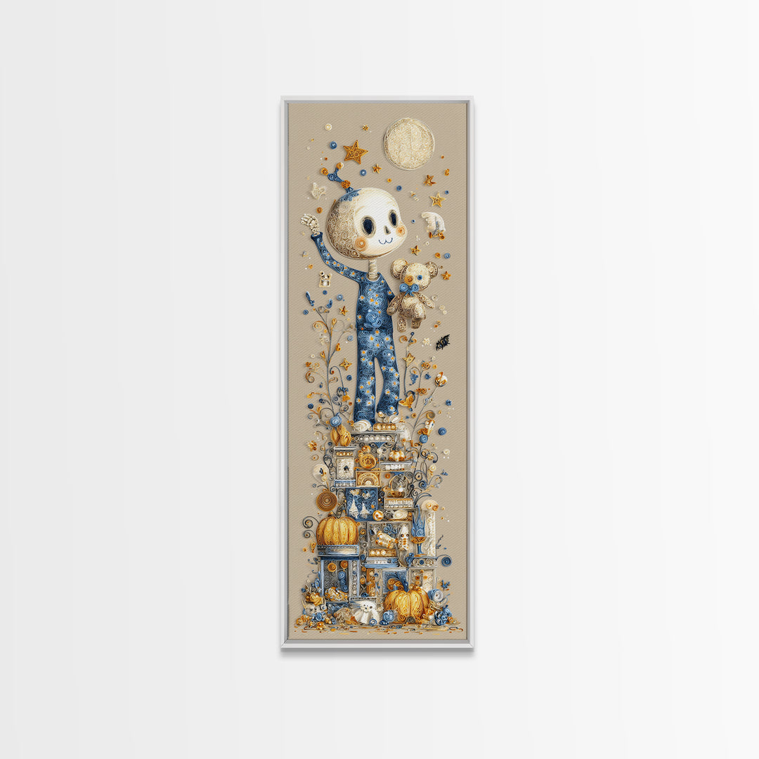 The Pajama Skeleton, Quilled Halloween Art, Tall Narrow Wall Art, Framed Canvas Print, Cute Halloween Wall Art