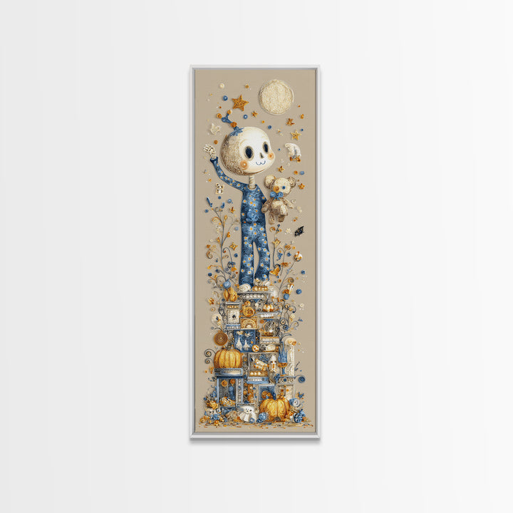 The Pajama Skeleton, Quilled Halloween Art, Tall Narrow Wall Art, Framed Canvas Print, Cute Halloween Wall Art