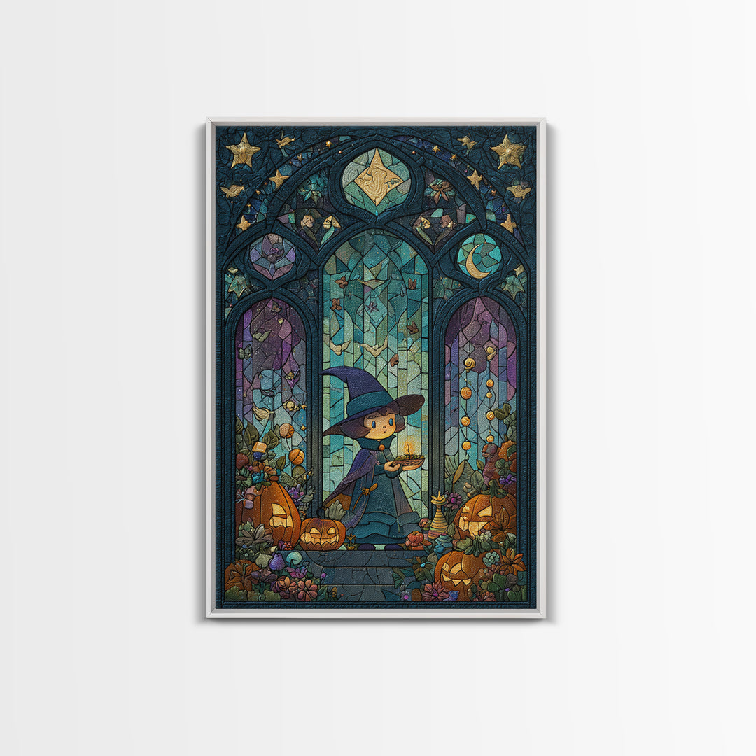 The Tiny Hat Shop Witch, Stained Glass Halloween, Vertical Wall Art, Canvas Print, Cute Halloween Wall Art