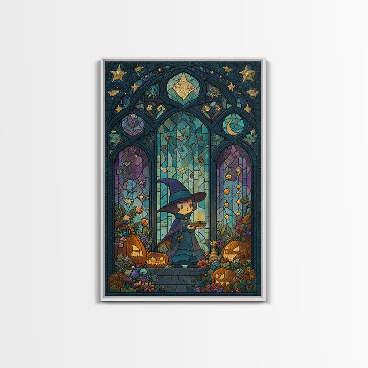 The Tiny Hat Shop Witch, Stained Glass Halloween, Vertical Wall Art, Canvas Print, Cute Halloween Wall Art