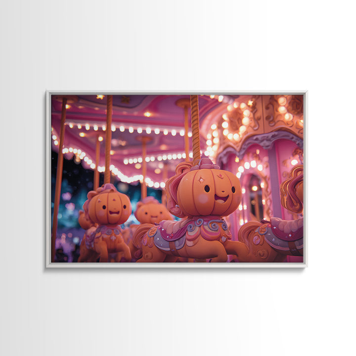 The Pumpkin Carousel, Vaporwave Halloween Art, Landscape Wall Art, Framed Canvas Print, Cute Halloween Wall Art
