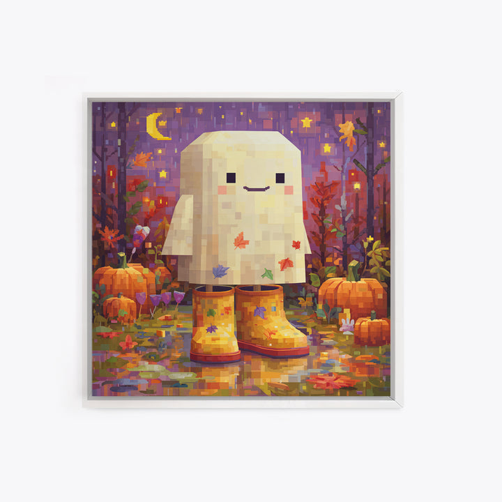 The Ghost In Rain Boots, Pixel Halloween Art, Square Wall Art, Canvas Print, Cute Halloween Wall Art