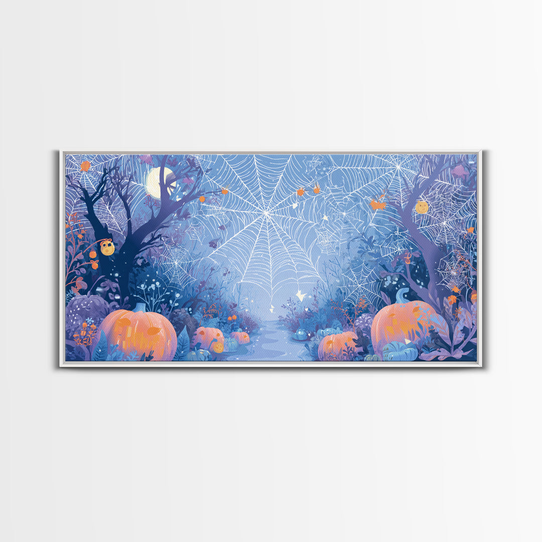 The Great Cobweb Knitting Contest, Vector Halloween Art, Wide Panoramic Art, Framed Canvas Print, Cute Halloween Wall Art