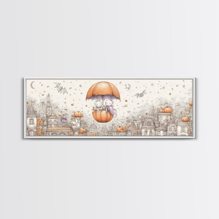 The Enchanted Umbrella Adventure, Hand Sketch Halloween Art, Extra Wide Wall Art, Canvas Print, Cute Halloween Wall Art