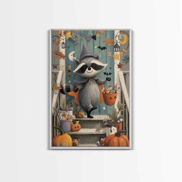 The Raccoon Trick-Or-Treater, Gouache Halloween Art, Vertical Wall Art, Canvas Print, Cute Halloween Wall Art