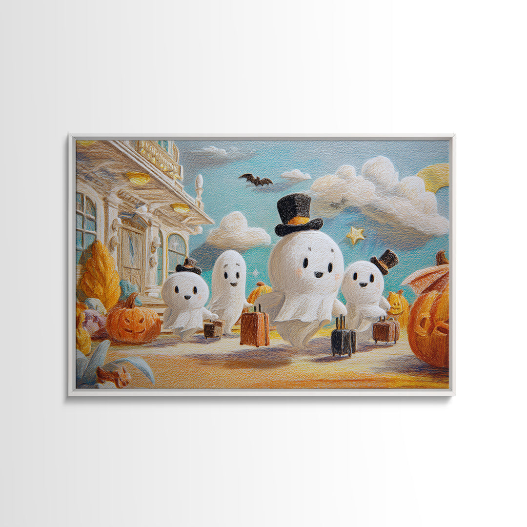 The Friendly Ghost Hotel, Crayon Halloween Art, Landscape Wall Art, Framed Canvas Print, Cute Halloween Wall Art