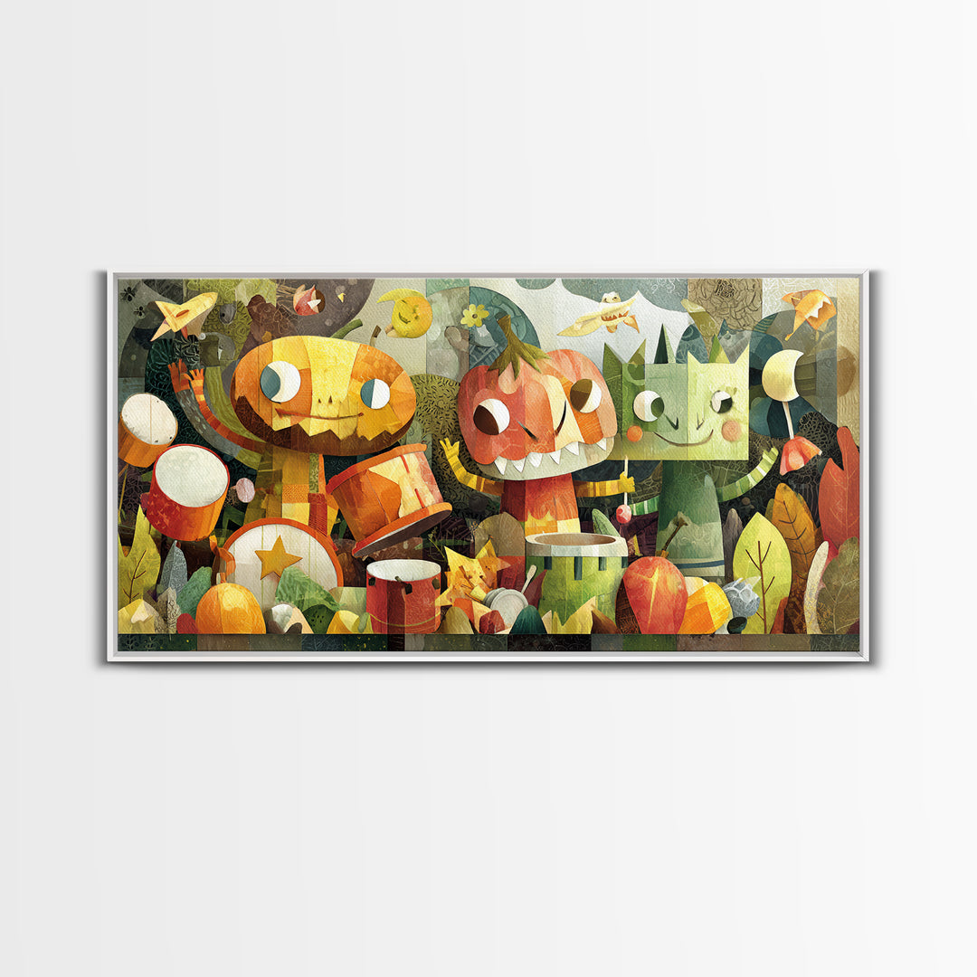 The Little Monster Orchestra, Paper Collage Halloween, Wide Panoramic Art, Framed Canvas Print, Cute Halloween Wall Art