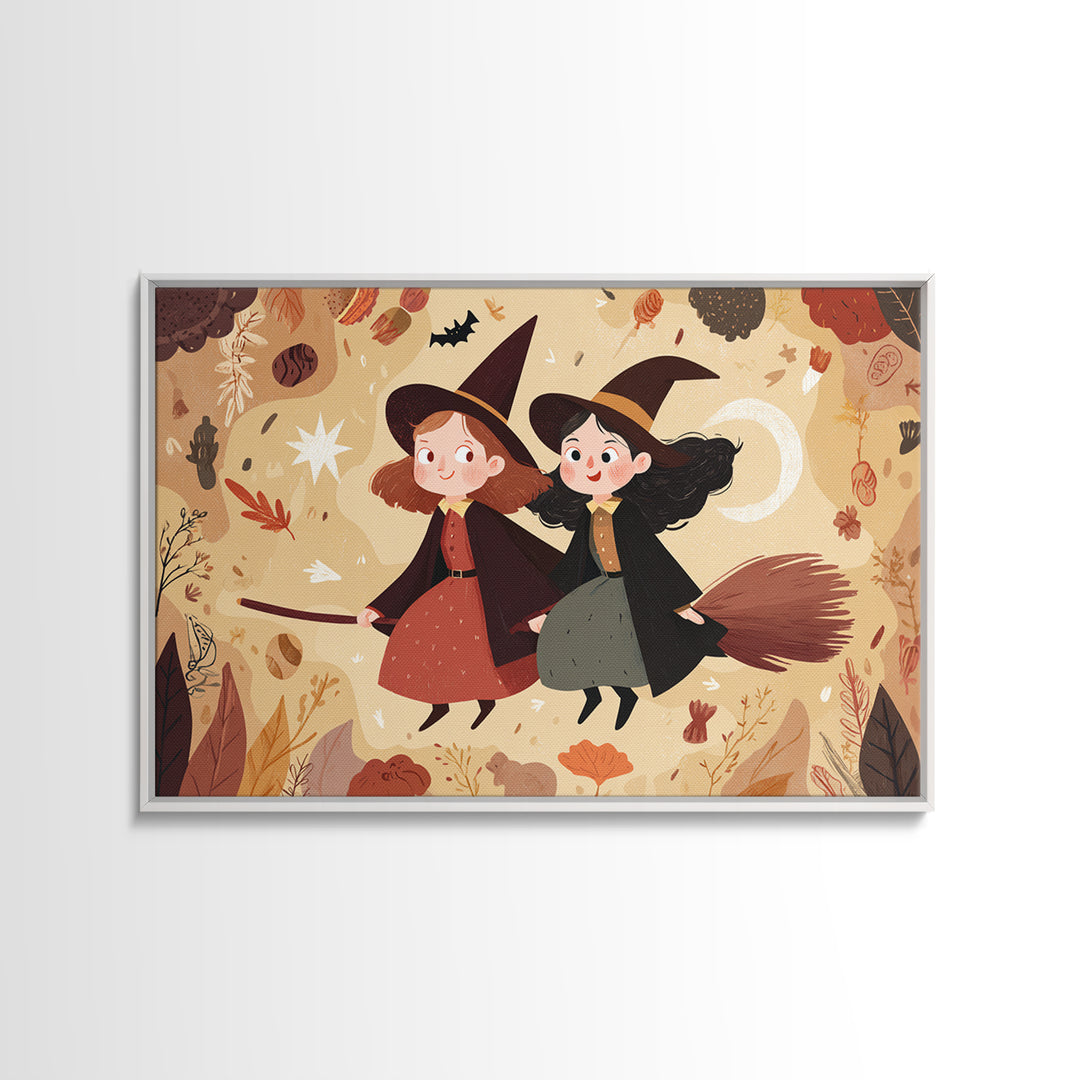 The Twin Broomstick Witches, Kawaii Halloween Art, Landscape Wall Art, Framed Canvas Print, Cute Halloween Wall Art