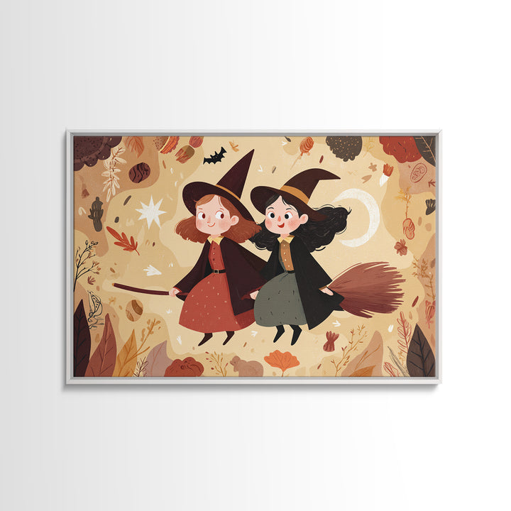 The Twin Broomstick Witches, Kawaii Halloween Art, Landscape Wall Art, Framed Canvas Print, Cute Halloween Wall Art