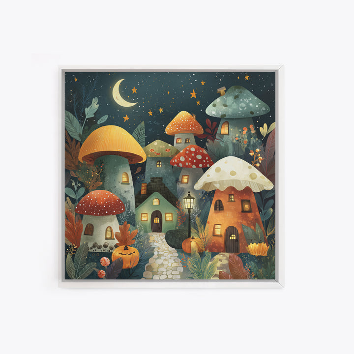 The Lantern-Lit Mushroom Village, Retro Halloween Art, Square Wall Art, Canvas Print, Cute Halloween Wall Art
