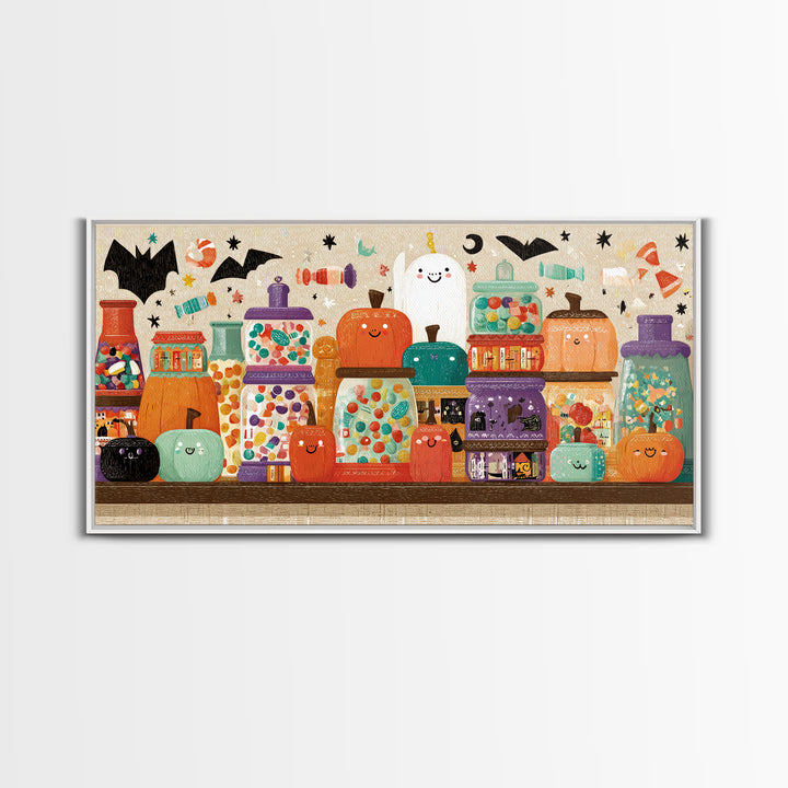 The Jellybean Potion Shop, Screenprint Halloween Art, Wide Panoramic Art, Framed Canvas Print, Cute Halloween Wall Art