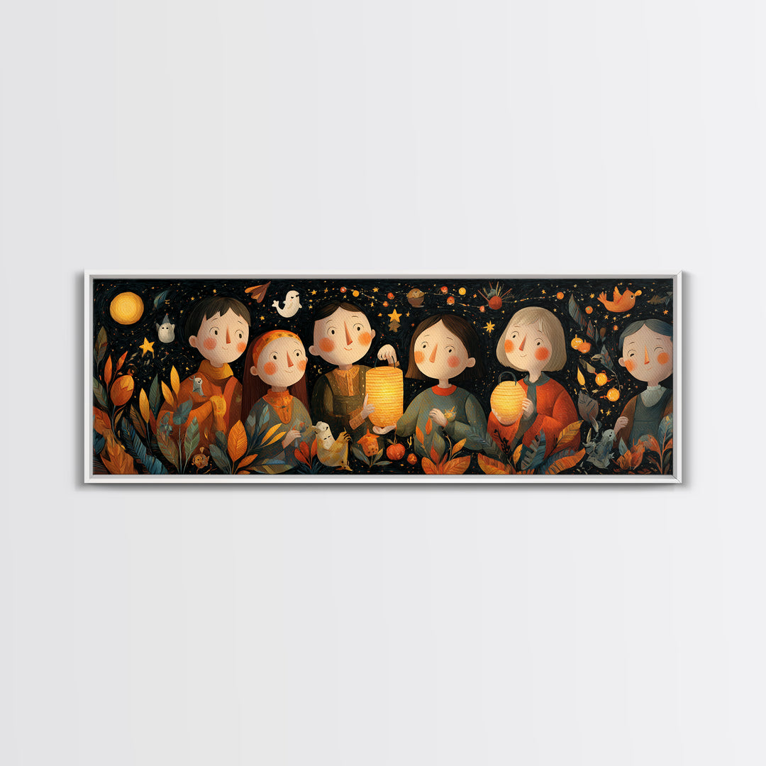 The Lantern-Making Festival, Folk Halloween Art, Extra Wide Wall Art, Canvas Print, Cute Halloween Wall Art