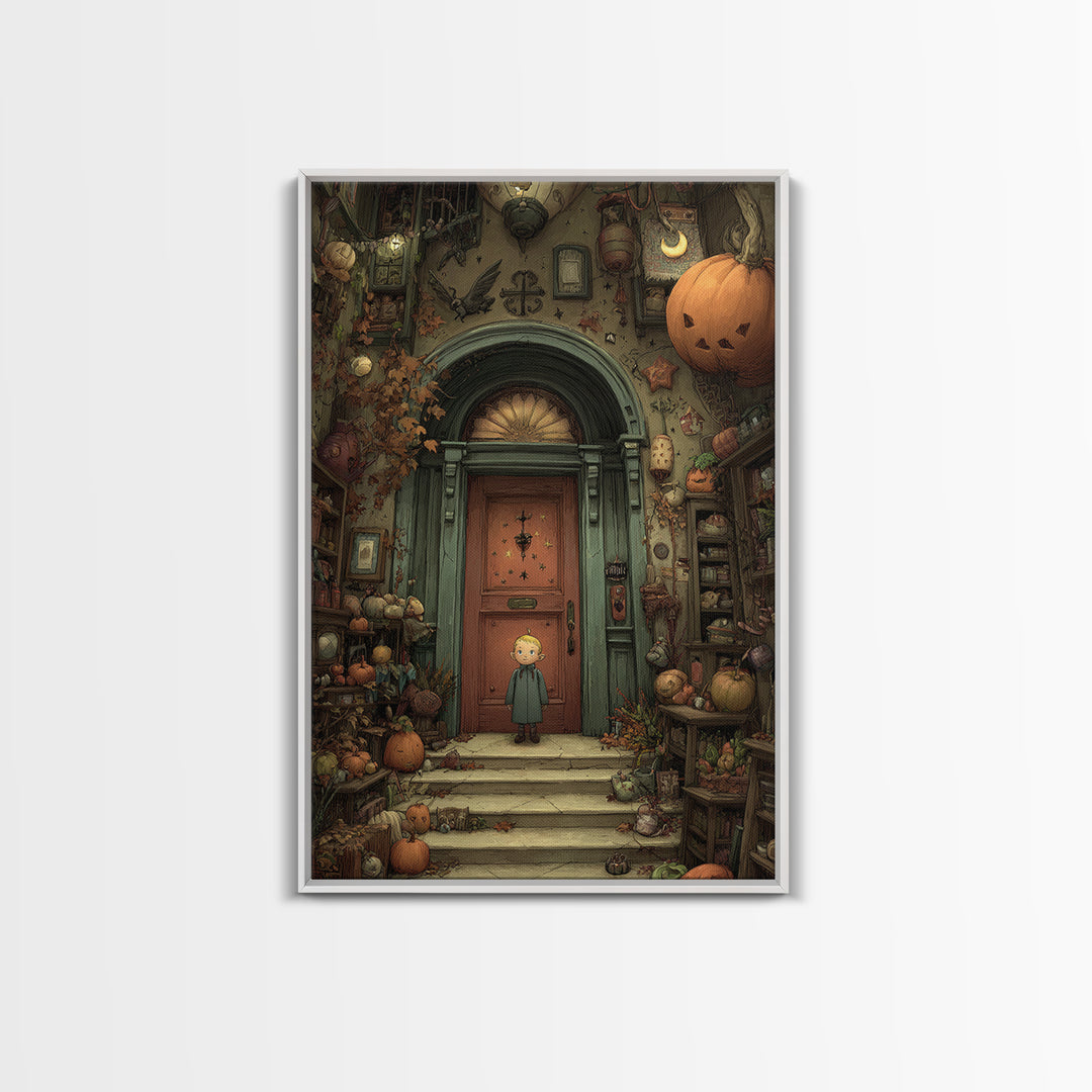 The Thirteenth Door Of Arkham House, Embroidered Halloween Art, Vertical Wall Art, Canvas Print, Cute Halloween Wall Art