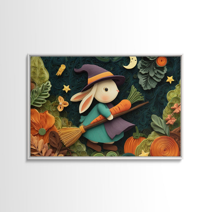 The Bunny Witch, Quilled Halloween Art, Landscape Wall Art, Framed Canvas Print, Cute Halloween Wall Art