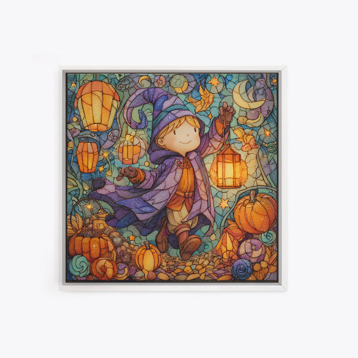 The Lantern-Light Wizard, Stained Glass Halloween, Square Wall Art, Canvas Print, Cute Halloween Wall Art