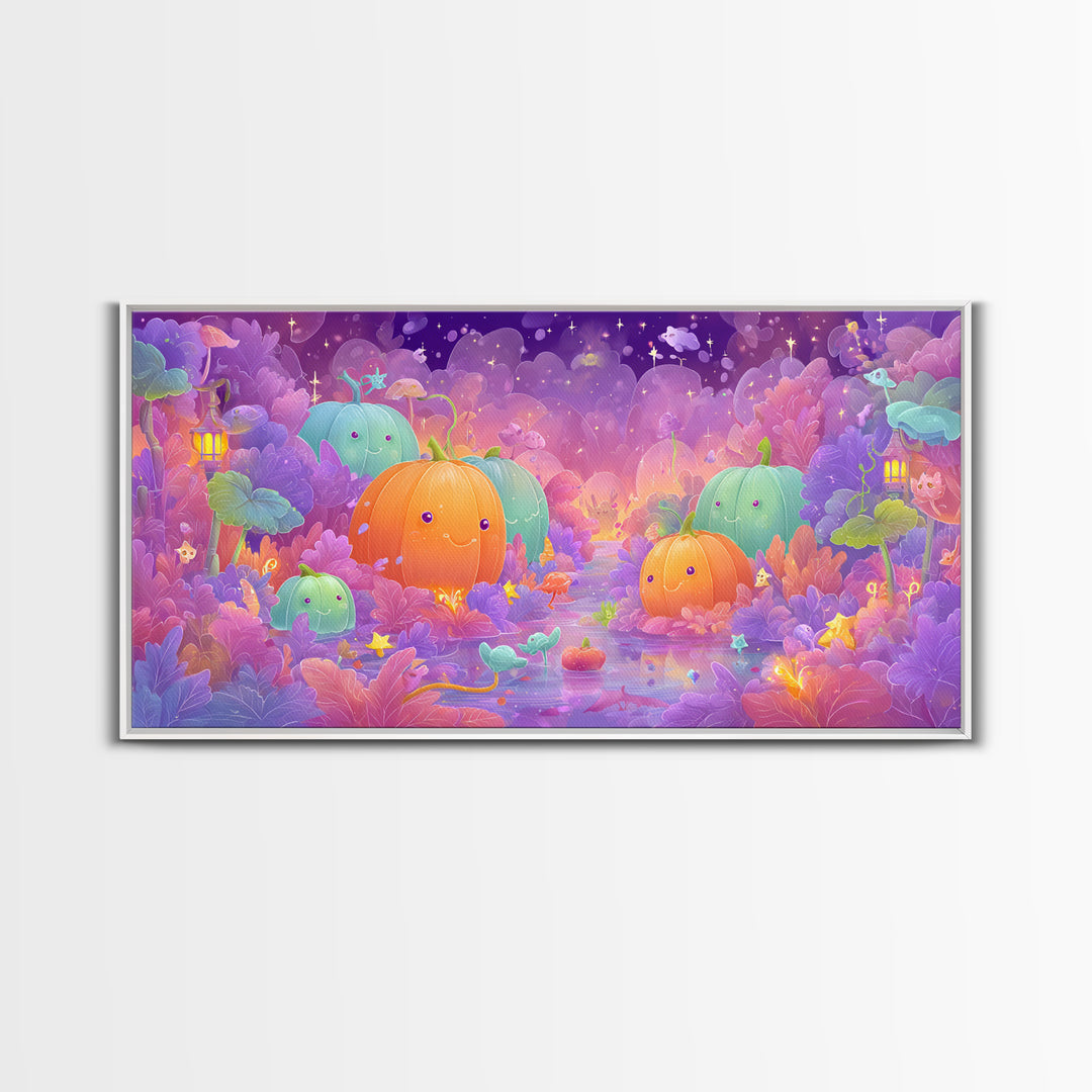 The Pumpkin Fairy Garden, Vaporwave Halloween Art, Wide Panoramic Art, Framed Canvas Print, Cute Halloween Wall Art