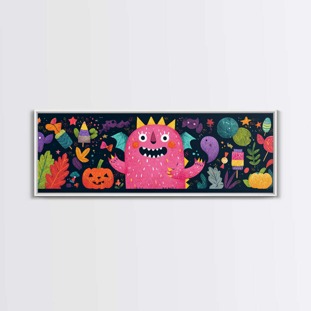 The Polka-Dot Monster, Pixel Halloween Art, Extra Wide Wall Art, Canvas Print, Cute Halloween Wall Art
