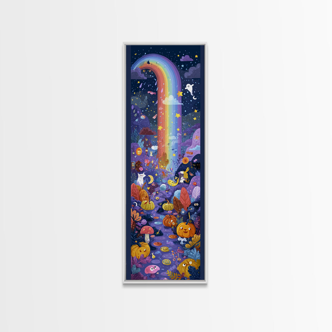 The Rainbow After The Halloween Rain, Vector Halloween Art, Tall Narrow Wall Art, Framed Canvas Print, Cute Halloween Wall Art