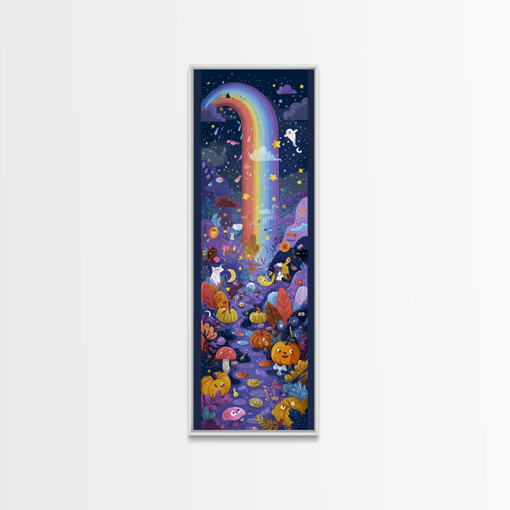 The Rainbow After The Halloween Rain, Vector Halloween Art, Tall Narrow Wall Art, Framed Canvas Print, Cute Halloween Wall Art