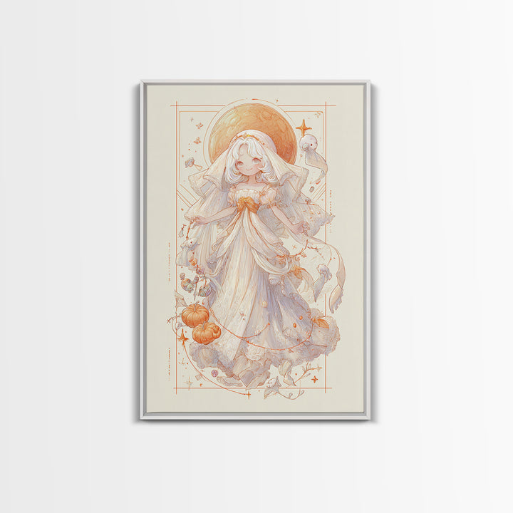 The Bride Of The Abyssal Moon, Hand Sketch Halloween Art, Vertical Wall Art, Canvas Print, Cute Halloween Wall Art
