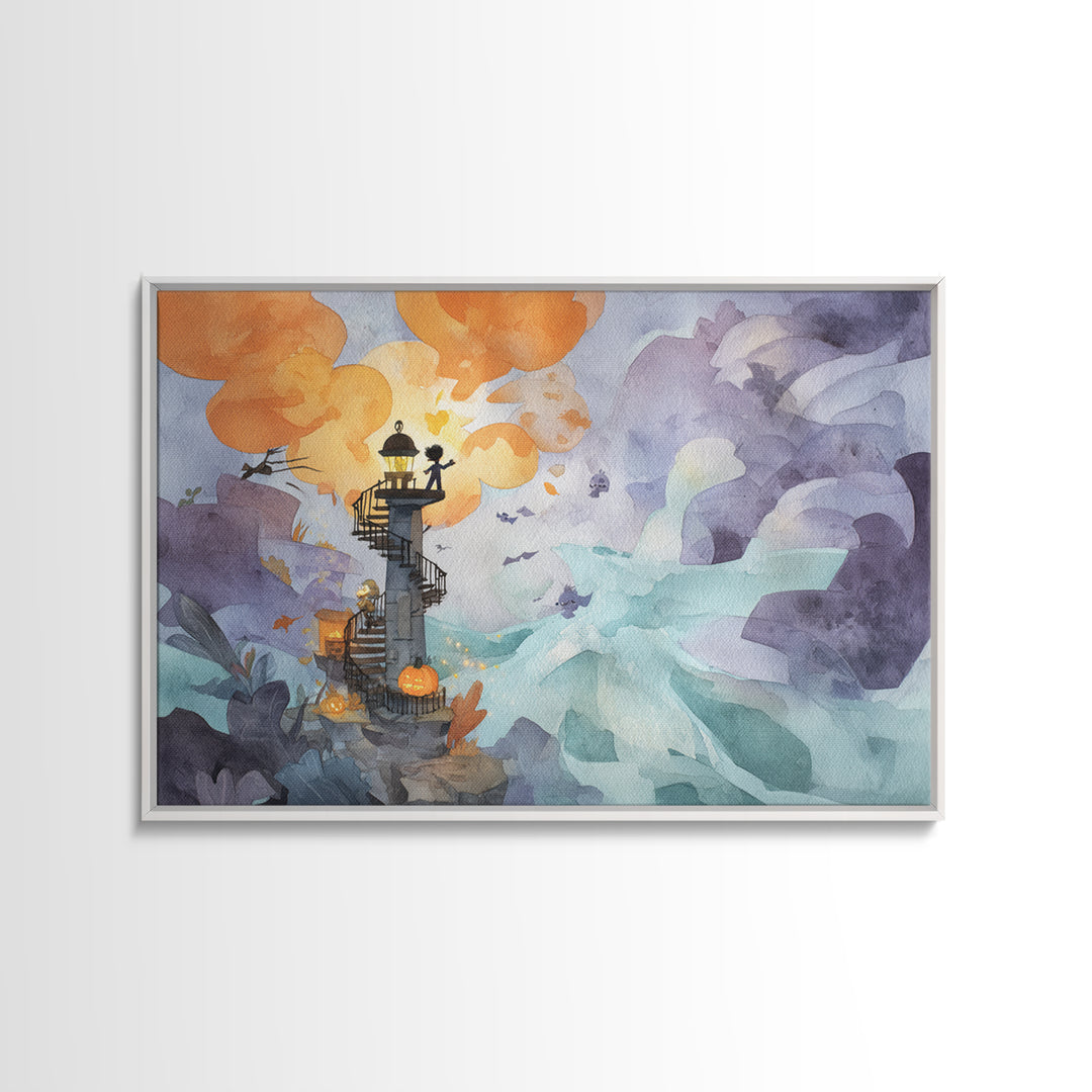 The Last Lighthouse Of Y’Ha-Nthlei, Watercolor Halloween Art, Landscape Wall Art, Framed Canvas Print, Cute Halloween Wall Art