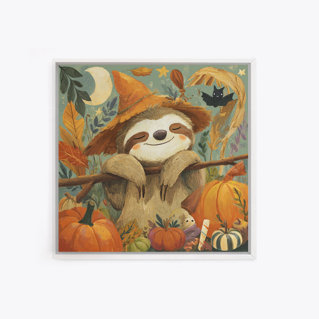 The Scarecrow Sloth, Gouache Halloween Art, Square Wall Art, Canvas Print, Cute Halloween Wall Art, Halloween Kids Decor
