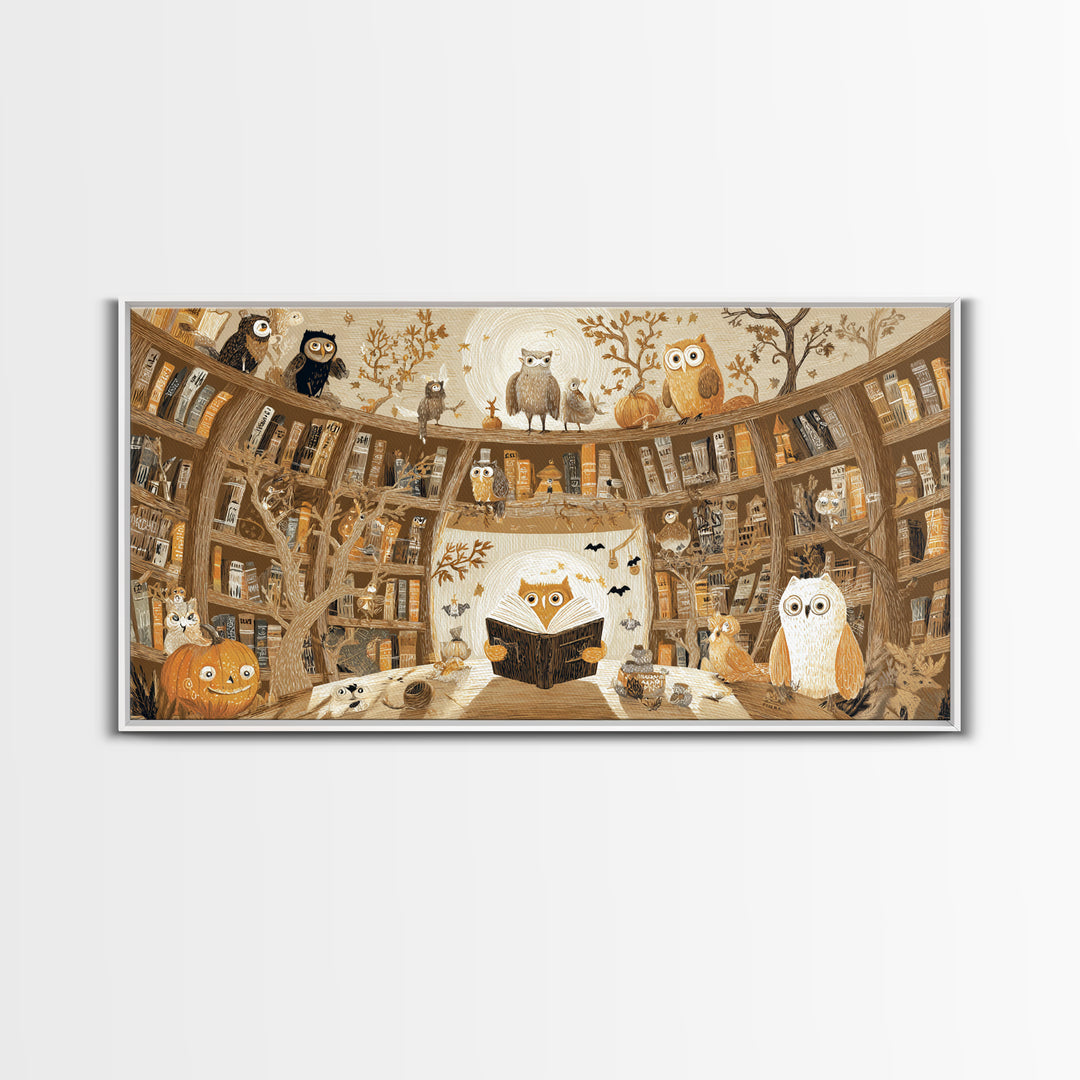 The Moonbeam Library, Crayon Halloween Art, Wide Panoramic Art, Framed Canvas Print, Cute Halloween Wall Art