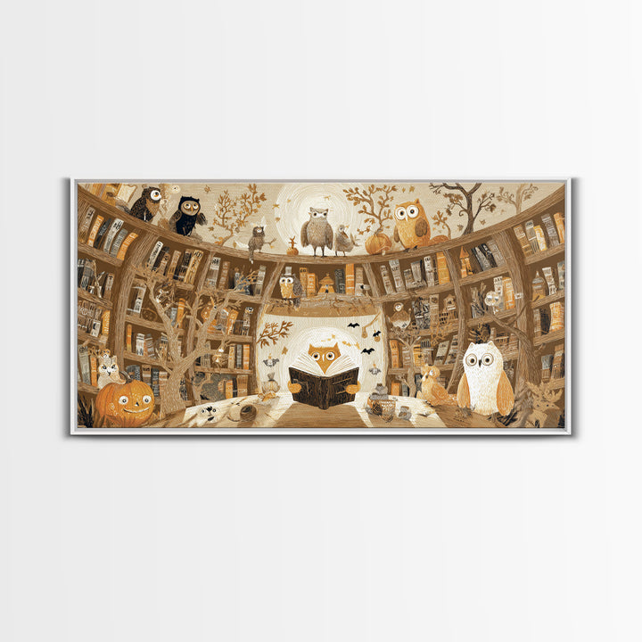 The Moonbeam Library, Crayon Halloween Art, Wide Panoramic Art, Framed Canvas Print, Cute Halloween Wall Art