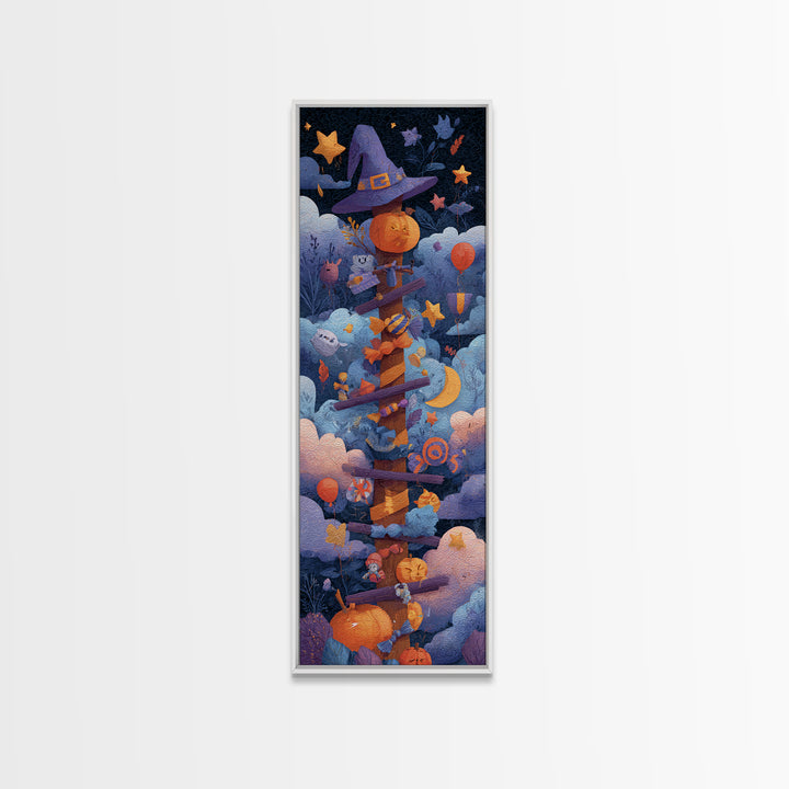 The Broomstick Obstacle Course, Paper Collage Halloween, Tall Narrow Wall Art, Framed Canvas Print, Cute Halloween Wall Art