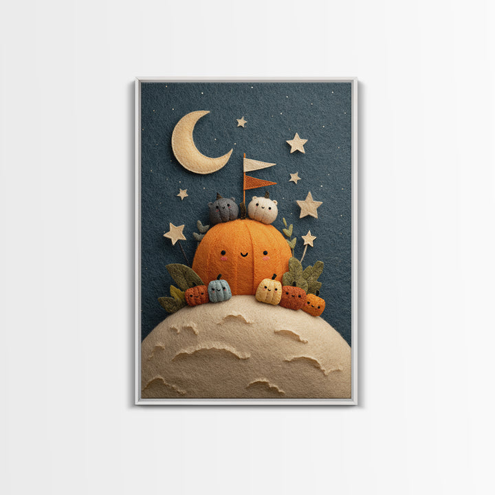 The Pumpkin Moon Expedition, Felt Halloween Art, Vertical Wall Art, Canvas Print, Cute Halloween Wall Art