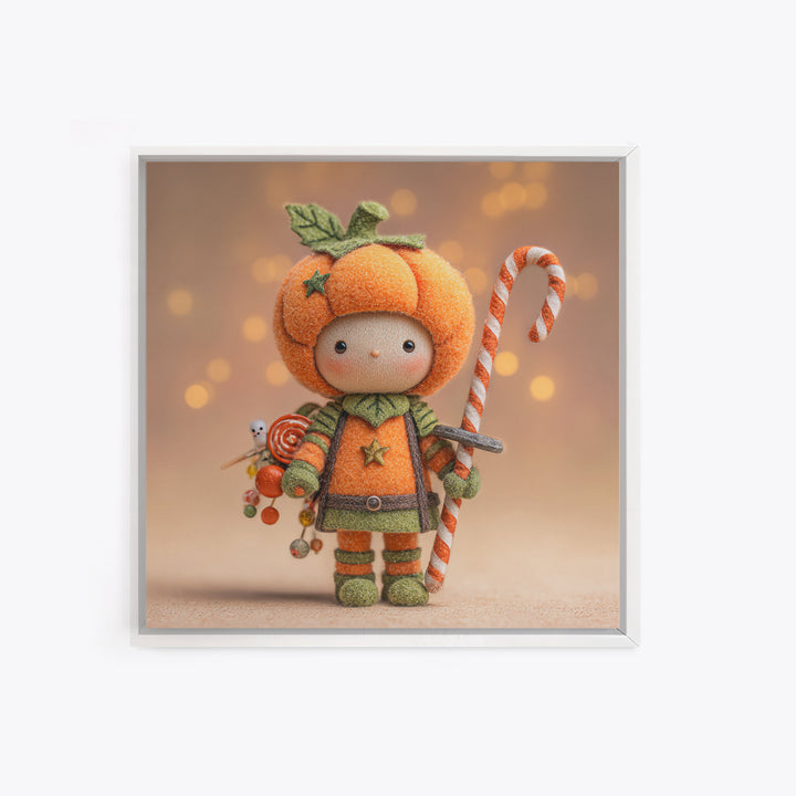 The Pumpkin Knight, Plush Halloween Art, Square Wall Art, Canvas Print, Cute Halloween Wall Art, Halloween Kids Decor, Storybook Decor
