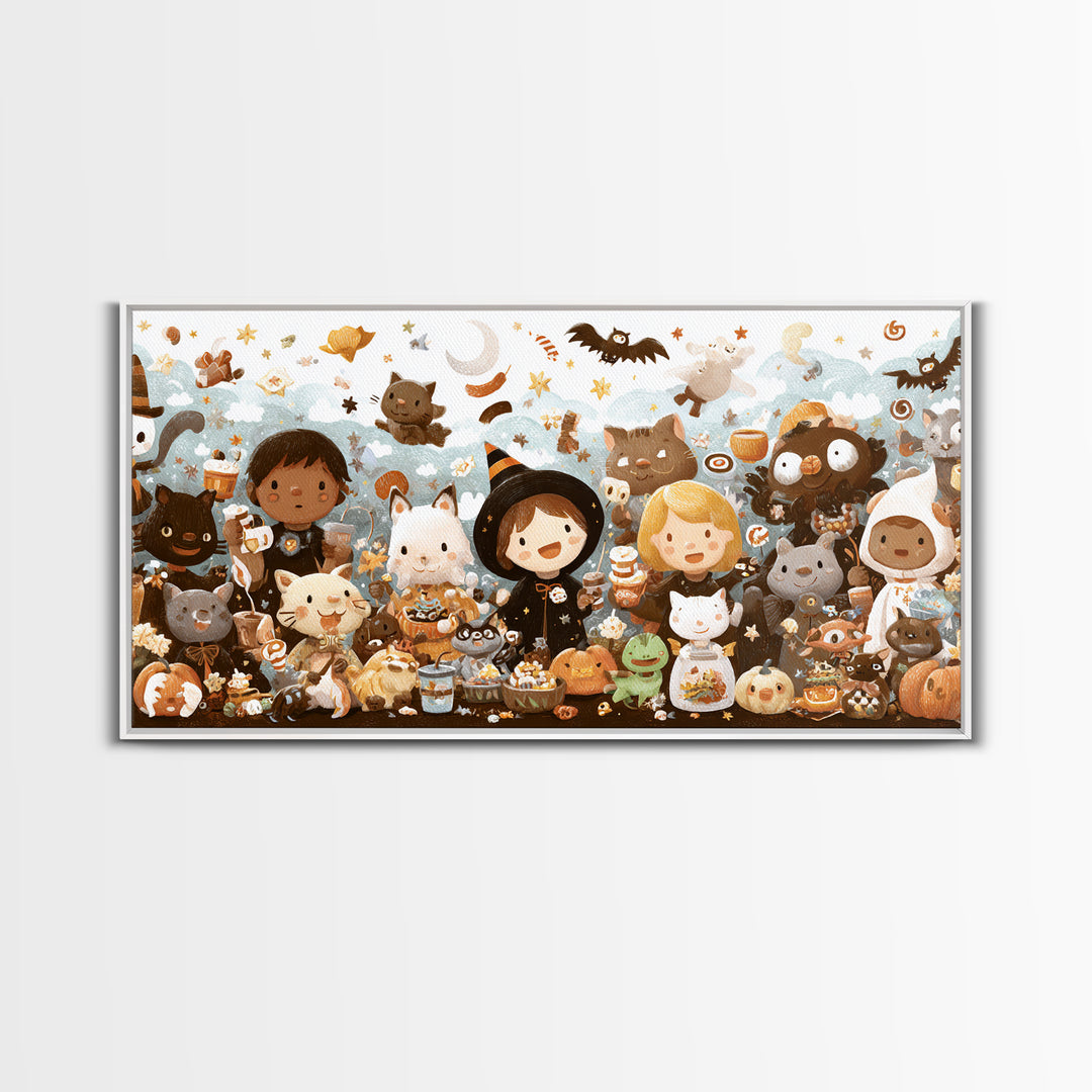 The Friendly Familiar Club, Kawaii Halloween Art, Wide Panoramic Art, Framed Canvas Print, Cute Halloween Wall Art