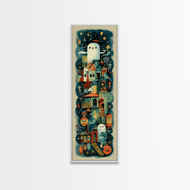 The Ghost Mail Carrier, Screenprint Halloween Art, Tall Narrow Wall Art, Framed Canvas Print, Cute Halloween Wall Art