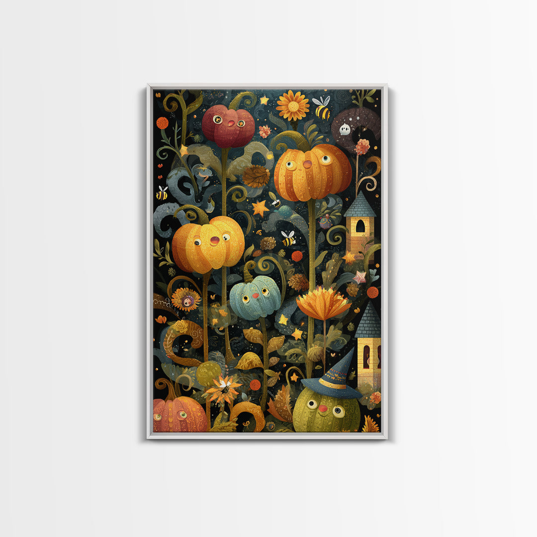 The Pumpkin Flower Garden, Folk Halloween Art, Vertical Wall Art, Canvas Print, Cute Halloween Wall Art