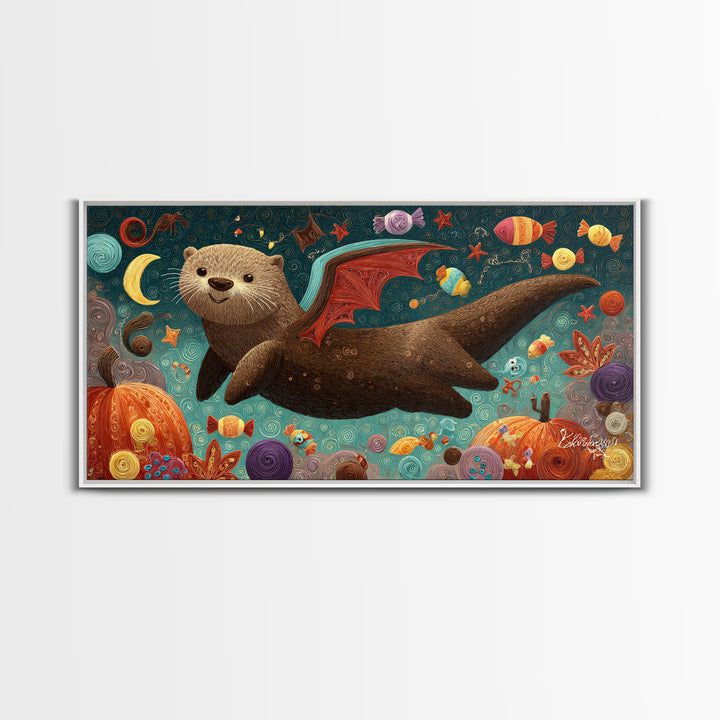 The Bat-Winged Otter, Quilled Halloween Art, Wide Panoramic Art, Framed Canvas Print, Cute Halloween Wall Art