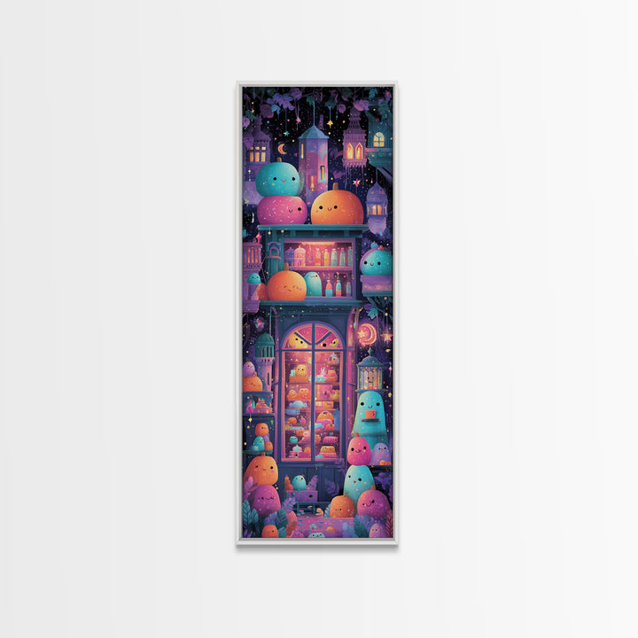 The Donut Vampire Family, Vaporwave Halloween Art, Tall Narrow Wall Art, Framed Canvas Print, Cute Halloween Wall Art